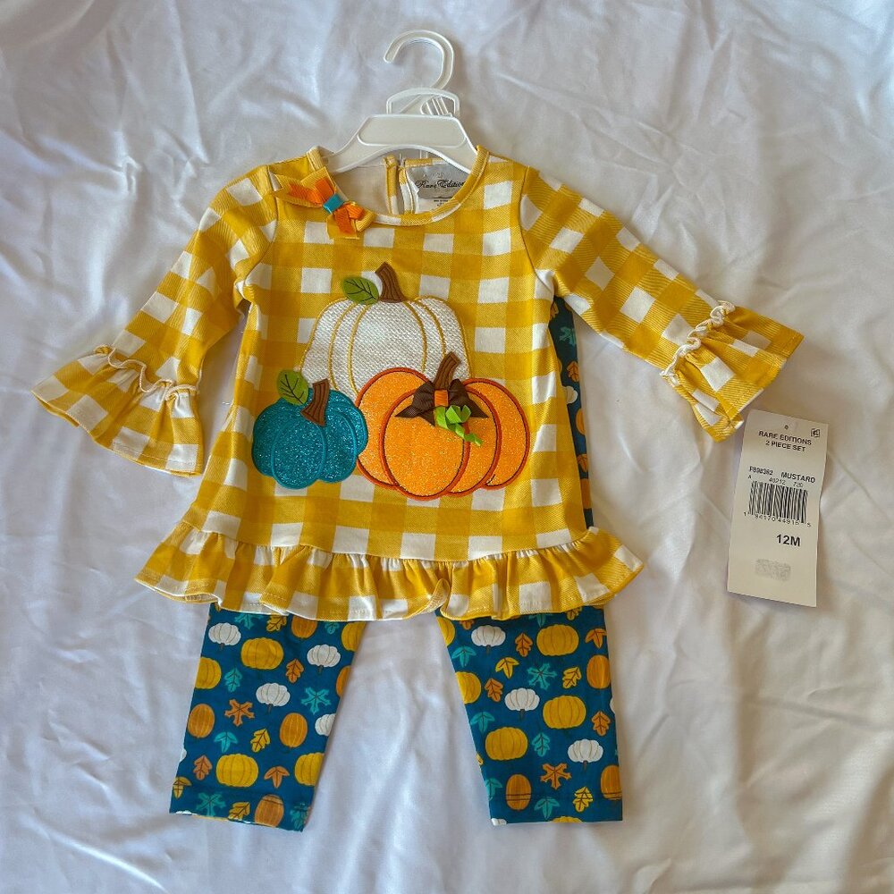 Rare Editions 12 m top & pant set Mustard Fall Pumpkins Sparkle Thanksgiving NWT